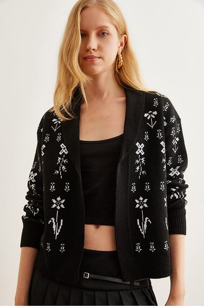 Olalook Schwarzer Strick-Cardigan mit Blumenmuster für Damen – Schalkragen HRK- 19000294