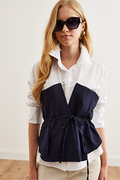 Olalook Γυναικείο πουκάμισο σε λευκό Navy Blue - Lace Up Waist, GML- 19001245