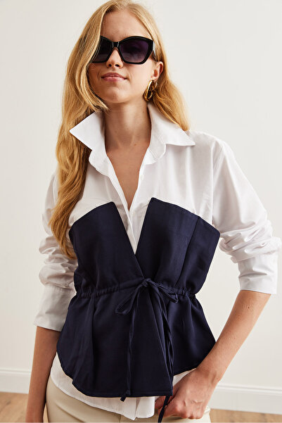 Olalook White Navy Blue Women's Shirt - Lace-Up Waist, Gml- 19001245