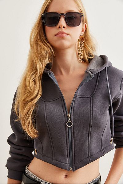 Olalook Anthracite Hooded Crop φούτερ με λεπτομέρεια κορσέ - SWT- 19000657