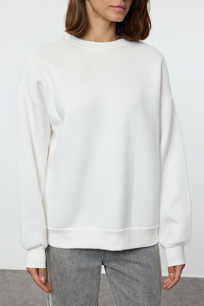 Trendyol Collection Ecru Oversize Crew Neck Fleece Thick Sweatshirt - Twoaw24sw00102