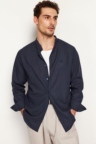 Trendyol Collection Μπλε ναυτικό κεντημένο γιακά 100% βαμβακερό πουκάμισο - TMNSS24GO00009