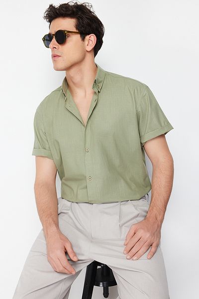 Trendyol Collection Oversize Κοντομάνικο πουκάμισο Χακί γιακά 100% Βαμβάκι - TMNSS24GO00029
