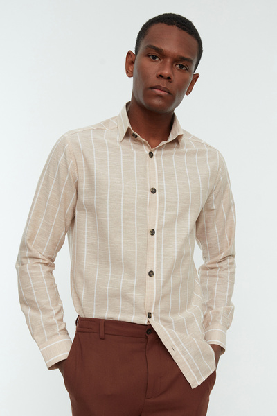 Trendyol Collection Bézs csíkos ing - normál szabású, galléros TMNSS22GO0032