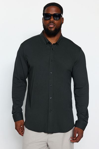 Trendyol Collection Khaki 100% pamut normál szabású alkalmi komfort, rugalmas gombos gallérral nagy méretű ingek TMNAW24AX00002