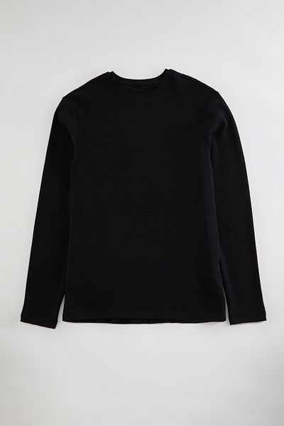 Trendyol Collection Μαύρο μακρυμάνικο βασικό βαμβακερό μπλουζάκι με υφή - TMNAW25TS00002