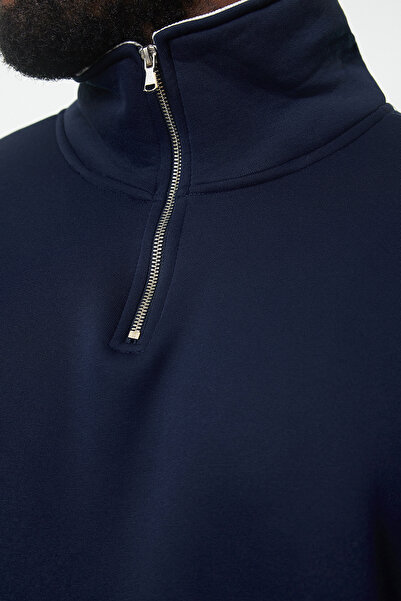 Trendyol Collection Navy Blue Oversize/Wide Cut Stand Collar Zippered Large Size Sweatshirt