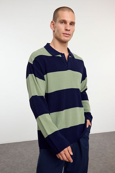 Trendyol Collection Alkalmi páros póló nyakú csíkos kötöttáru pulóver - többszínű TMNAW25KZ00049