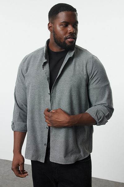 Trendyol Collection Plus Size Gray Flannel Winter Shirt - Button Collar, Regular Fit TMNAW24AX00000