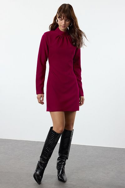 Trendyol Collection Rochie mini fucsia închisă în formă de A - guler vertical, țesut TWOAW25EL00266