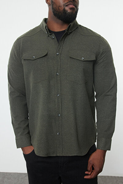 Trendyol Collection Nagy méretű khaki flanel téli favágó dzseki - zsebekkel, normál szabású TMNAW25AX00007