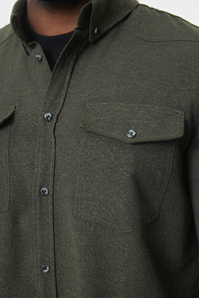 Trendyol Collection Nagy méretű khaki flanel téli favágó dzseki - zsebekkel, normál szabású TMNAW25AX00007