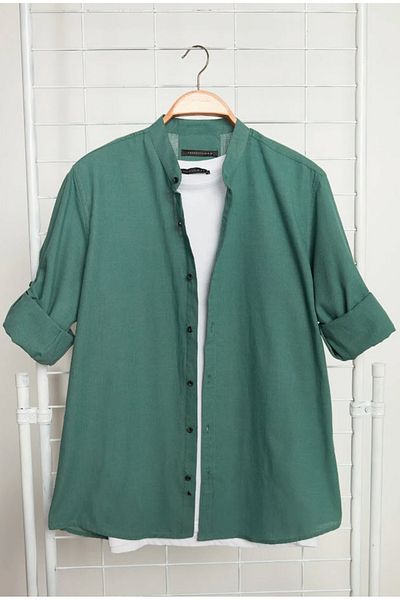 Trendyol Collection Sötétzöld Slim Fit Epaulettes ing - 100% pamut, uralkodó gallér Tmnss20go0188