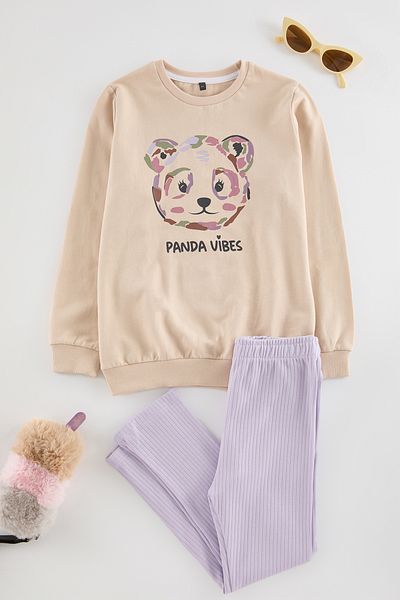 TRENDYOLKIDS Girl's Beige Teddy Bear Printed Cotton Set - Tkdaw25Au00005