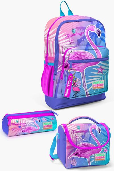 Yaygan Coral High Pink 3-Piece Flamingo Patterned School Bag Set