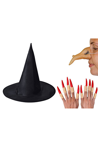 Happyland Cadılar Bayramı Halloween Siyah Cadı Şapkası Burnu Ve 10 Adet Kırmı...