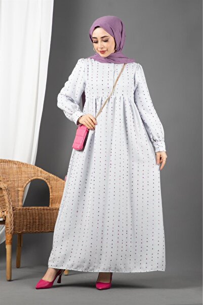 Sevitli Lilac Gray Lined Dress - Pompom Detail