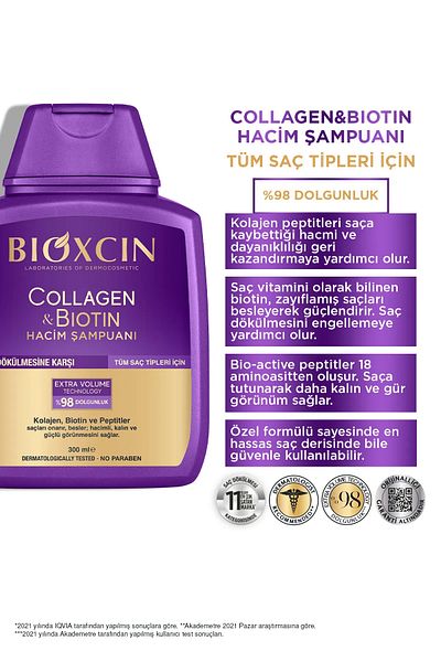 Bioxcin 300 Ml Extra Volume Collagen and Biotin Shampoo - Collagen Biotin Fine Sparse Hair 3 Pack
