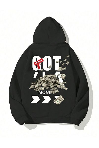 AFROGİYİM Унисекс суичър с качулка Got Money Printed с три низа и качулка