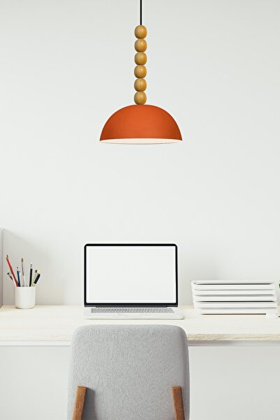 Bamyum Lipeo Turuncu Ahşap Altı Boncuklu Avize Tekli Sarkıt Salon Mutfak Kuaför Lamba Dekoratif Aydınlatma