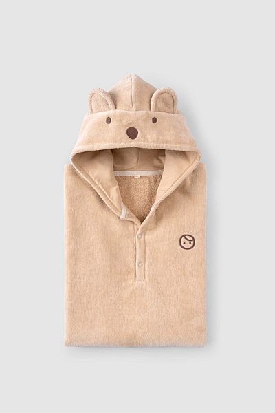 Little Gusto Beige Colored Organic Cotton Baby Towel - Teddy Bear Poncho