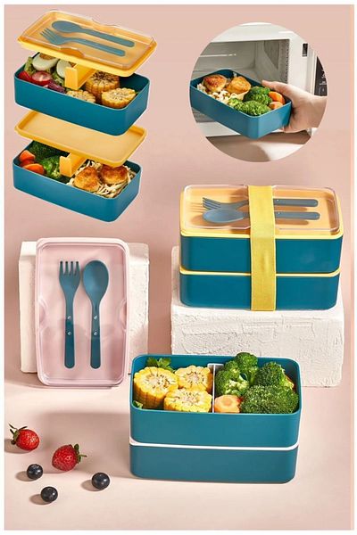 Bayev Green 2-Tier Lunch Box - 1003 Compartment Lunch Box with Fork and Spoon