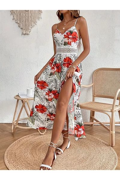 Modayakamoz V-neck Floral Patterned - Side Slit Maxi Single Jersey Women's Dress