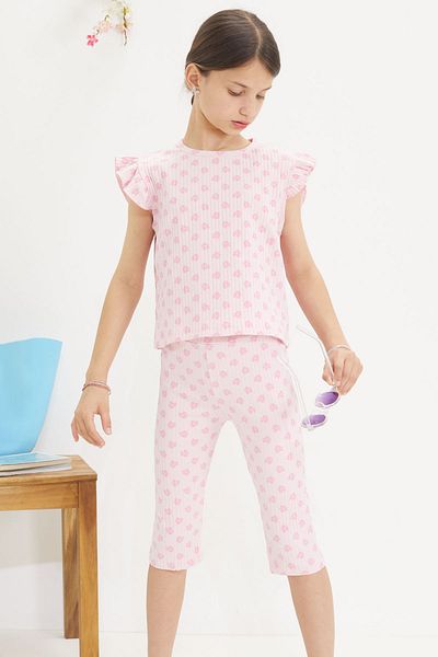 Cansın Mini Pink Floral Patterned Girl's Suit with Zero Sleeve Shorts and Leggings 18650