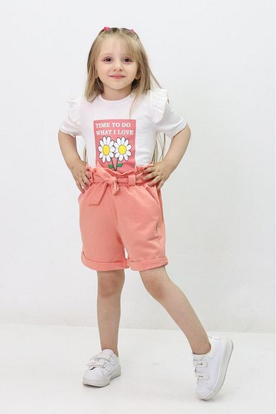 GZT TEKSTİL Girl's Shorts and Blouse Set - Puppy, Ruffle Sleeves and Waist Belt