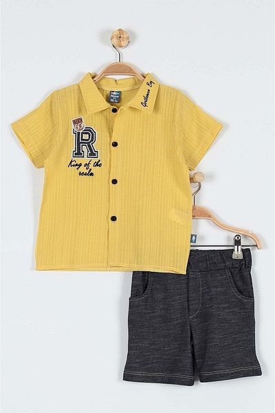 Egelite Boy's Summer Festive Suit with Embroidered Muslin Shirt and Denim Look Cotton Shorts