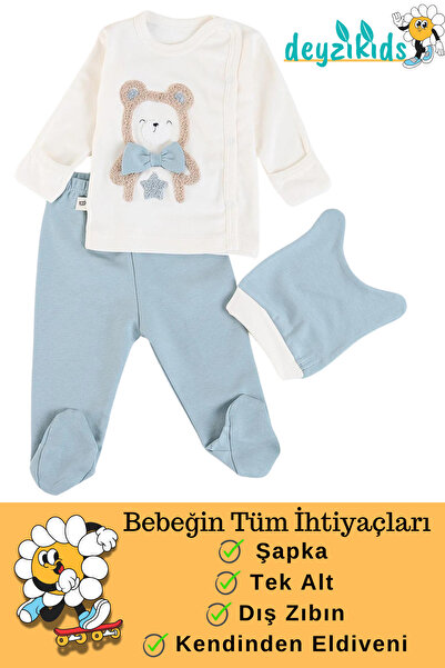 Deyzikids Hastane Çıkışı Organik 100% Pamuk Papyonlu Ayıcık Yenidoğan Bebek Kıyafetleri 0-3 Ay Zıbın Seti