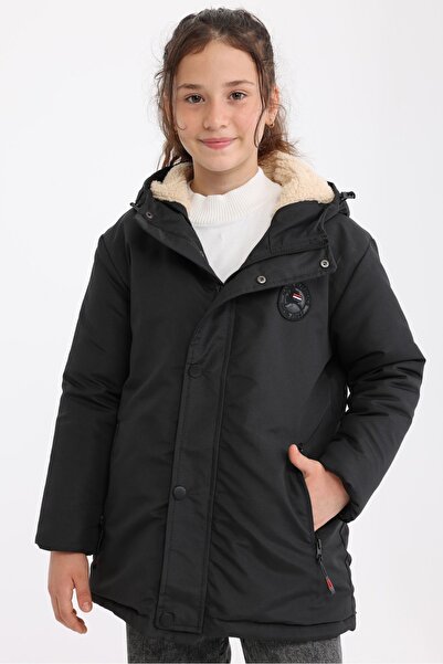 QAWWA Girl's Fiber Filled Furry Detachable Hooded Windproof Black Coat & Parka