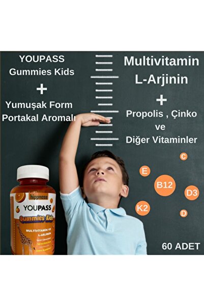 Hippnose Youpass Gummies Kids Çocuklar İçin Multivitamin ve L-Arjinin İçeren 60 Adet Çiğnene Bilir Takviye