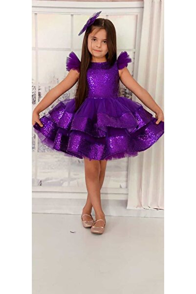 EFE KIDS Kız Çocuk Üstü Pullu Eteği Gren Ve Tül Detaylı Fiyonklu Çocuk Elbisesi