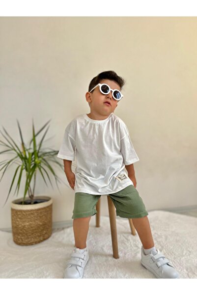 Pollito Khaki Boy's T-Shirt and Muslin Shorts - 2-Piece Set with Label Detail