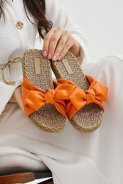 Moda Devrin Orange Bow - Women's Non-Slip Sole Slippers, Pool and Sea Beach
