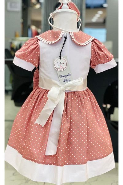 HC Kids Wear Girl's Salmon Polka Dot Detailed Dress & Buckle & Accessory Set