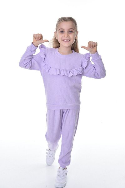 BUUFUU GIRL'S SLEEVE FRONT REFIRED DETAILED COTTON BOTTOM TOP SET