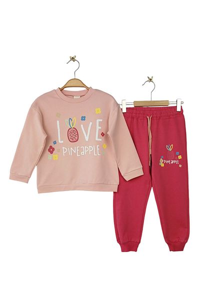 Via Girls Fruit and Flower Printed Pink Crew Neck Suit Set for 3-7 Years Old Girl