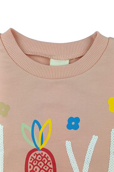 Via Girls Fruit and Flower Printed Pink Crew Neck Suit Set for 3-7 Years Old Girl