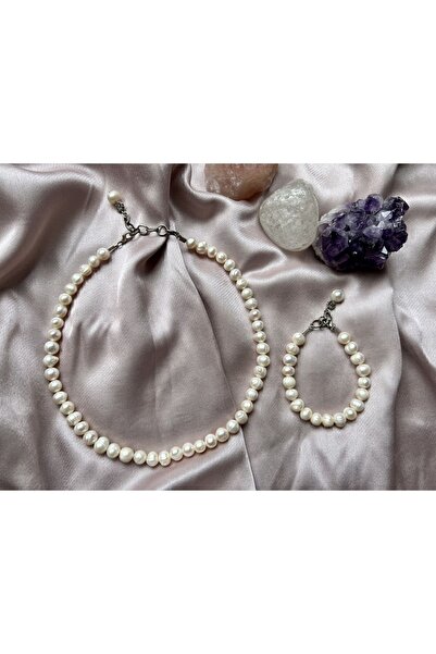 ŞİFA SHOP Gerçek Inci Doğal Kültür Incisi Kolye Bileklik Set 7-8 Mm