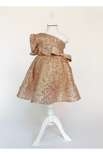 zühre balaban Girl's Yellow One-Shoulder Sequined Evening Dress Zb Kids