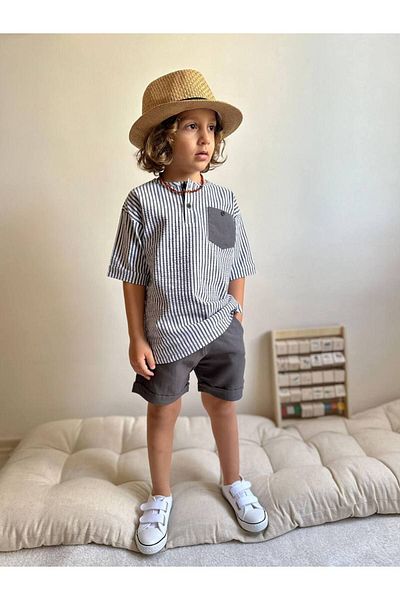 CANDA Striped Summer Suit for Kids - Pocket Detailed Short Sleeve and Shorts