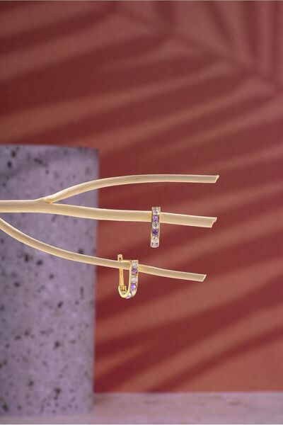 MOOM MÜCEVHERAT 14 Ayar Altın Küpe Mor Taşlı Çocuk küpesi