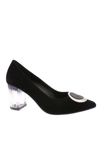 DGN Women's Pointed Toe Glitter Buckle Transparent Heeled Shoes Black Suede 8562621