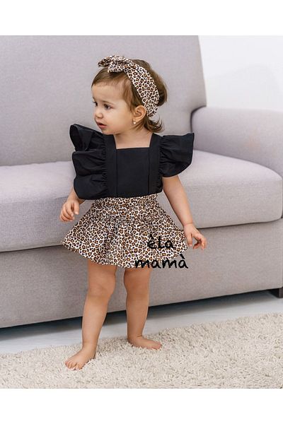 BabyPuff Èla Mamà Girl's Leopard Patterned Salopet Bandana Set