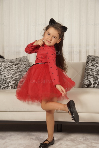 QUESHMA Kız Bebek Çocuk Prenses Kabarık Tütü Elbise Puantiyeli Uzun Kol Esnek Likralı Kırmızı