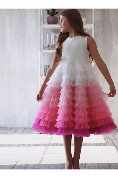 Mislina Girl Cocuk Wedding Party Custom Gun Skirt Colorful Fold Fold Tulle White Design Dress