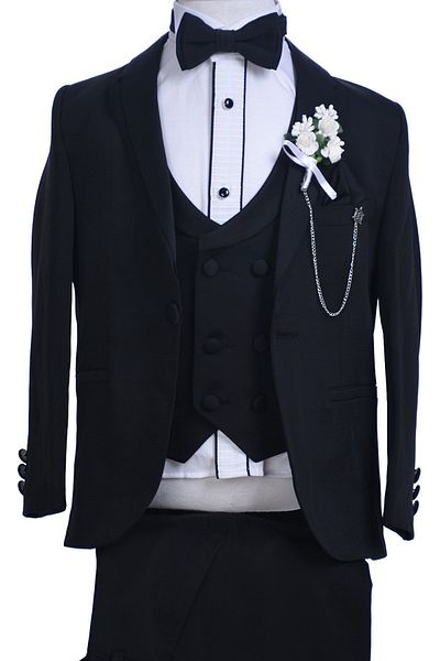 ceocuk Black Stand Collar Boy Suit with Black Jacket and Double Breasted Vest