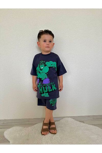 JELİBOOM Marvel Hulk Detail Printed Gray Kids Shorts Set 100% Cotton